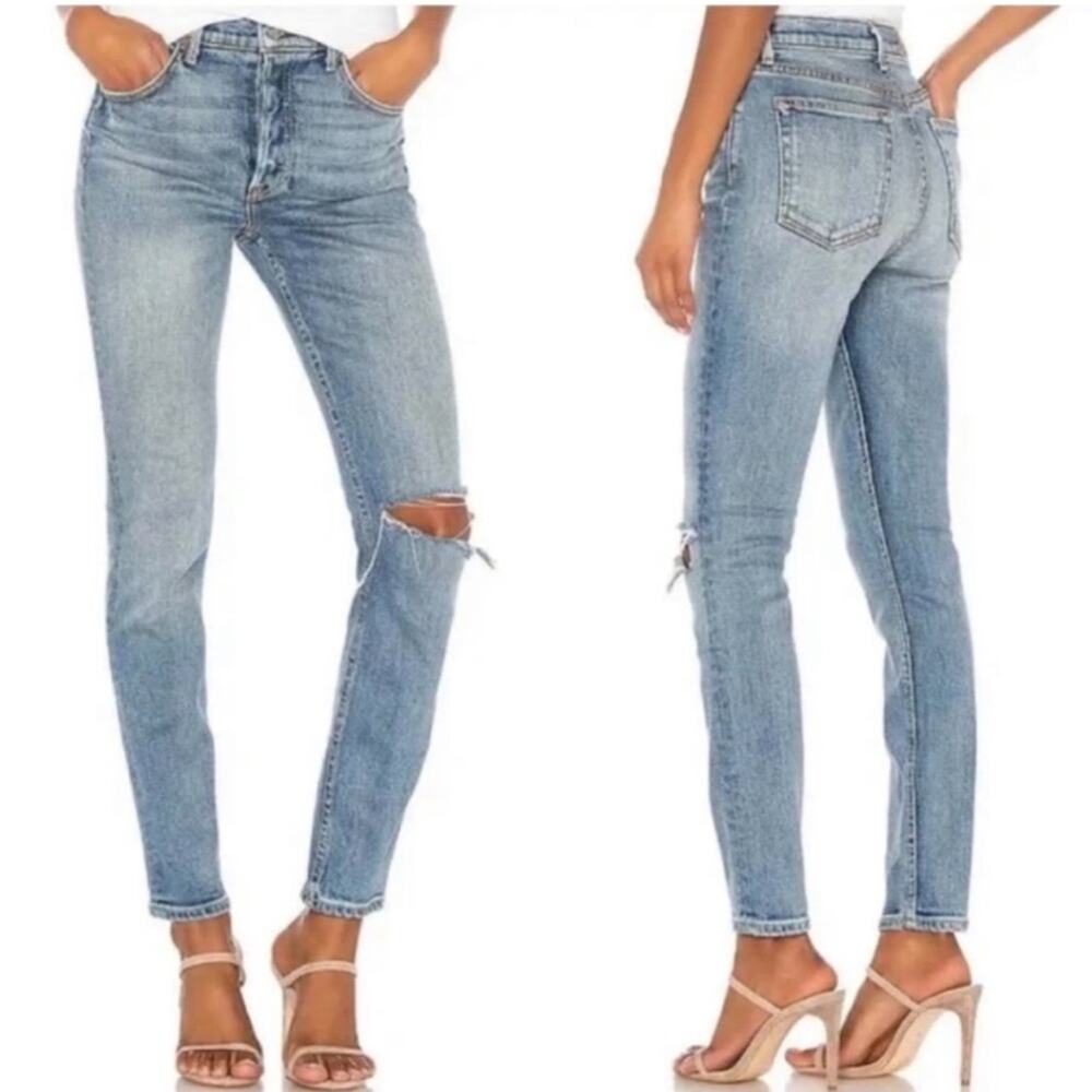 Revolve GRLFRND Karolina High Rise Jeans Ripped Knee Distressed Blue US 26 $250
